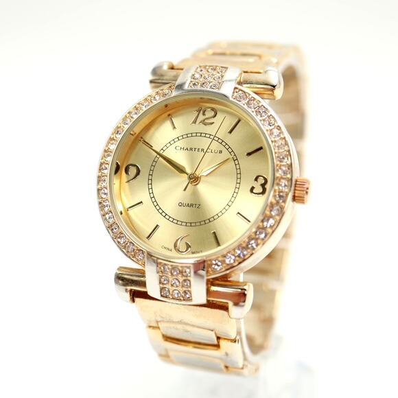 Charter Club Gold Tone Womens 36mm Watch Jewel Bezel with New Battery - Picture 1 of 13